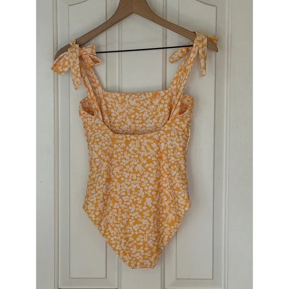 Citrine | One Piece Swimsuit Small Yellow Floral Tie Shoulder Square Neck Beach - Picture 4 of 7